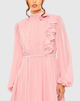 Pink Draped High Neck Long Sleeve Mini Dress